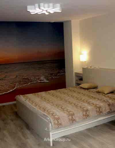 Фото Спальня: фотообои, натуральный камень